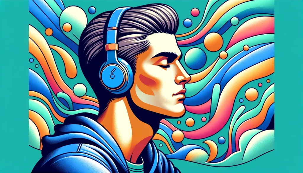 wearing blue over-ear AirPod Max Alternative headphones enjoying music with his eyes closed against a vibrant backdrop